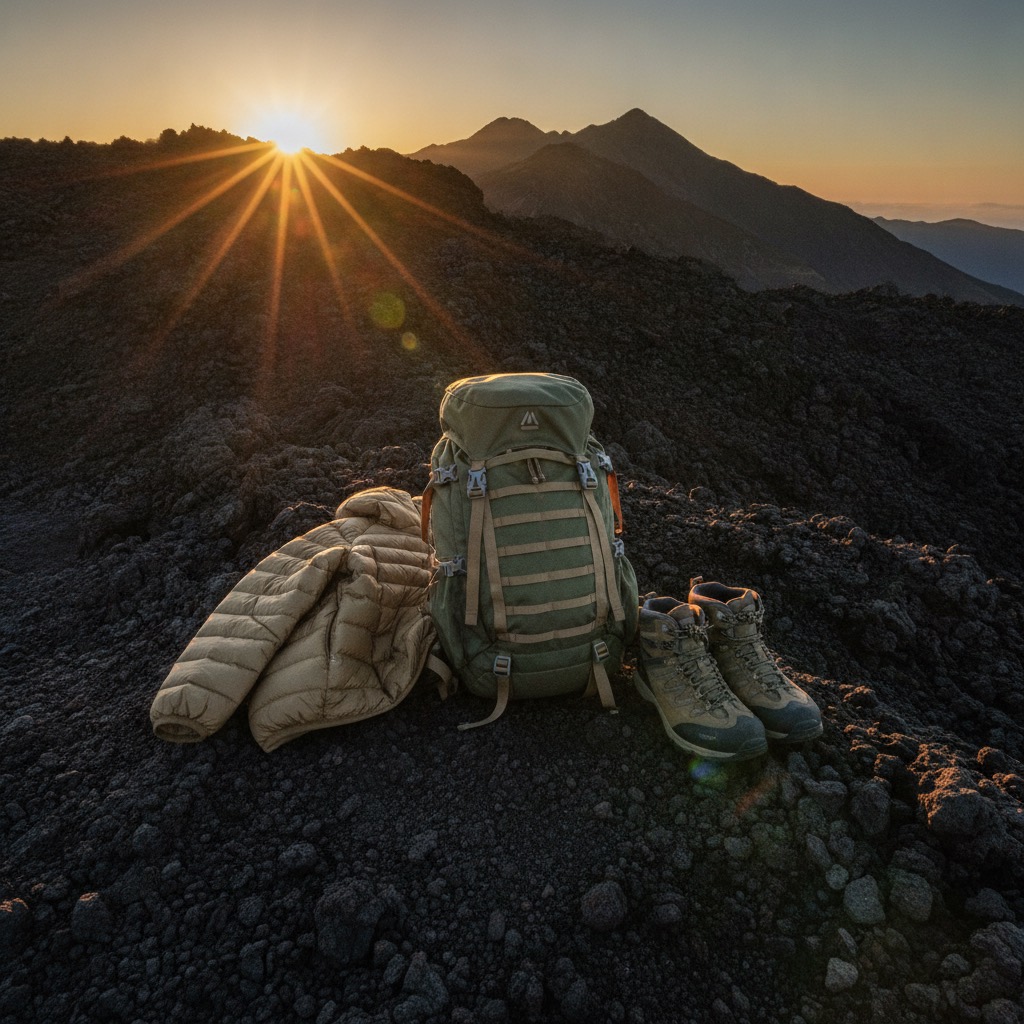 Alturra Outdoor expedition gear on volcanic rock at dawn