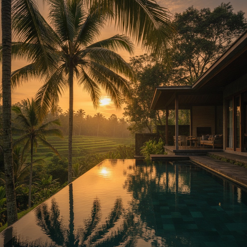 Private villa with infinity pool in Bali at sunset