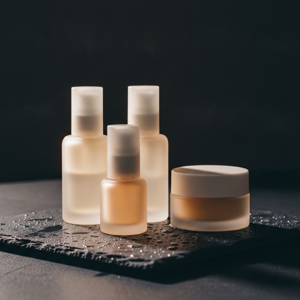 Velmora skincare — frosted serum bottles on wet slate