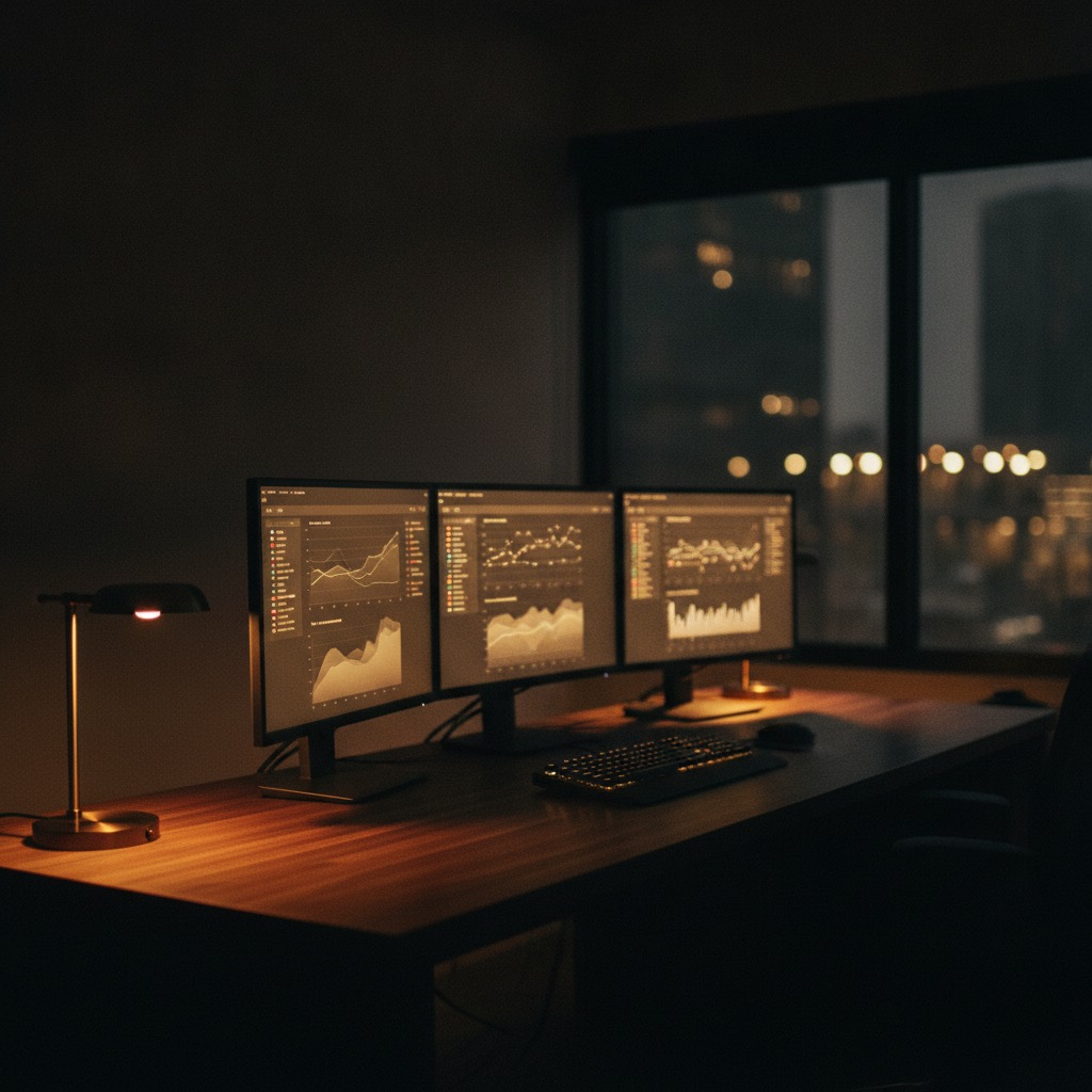 Orvalis media-buying desk with analytics dashboards at night